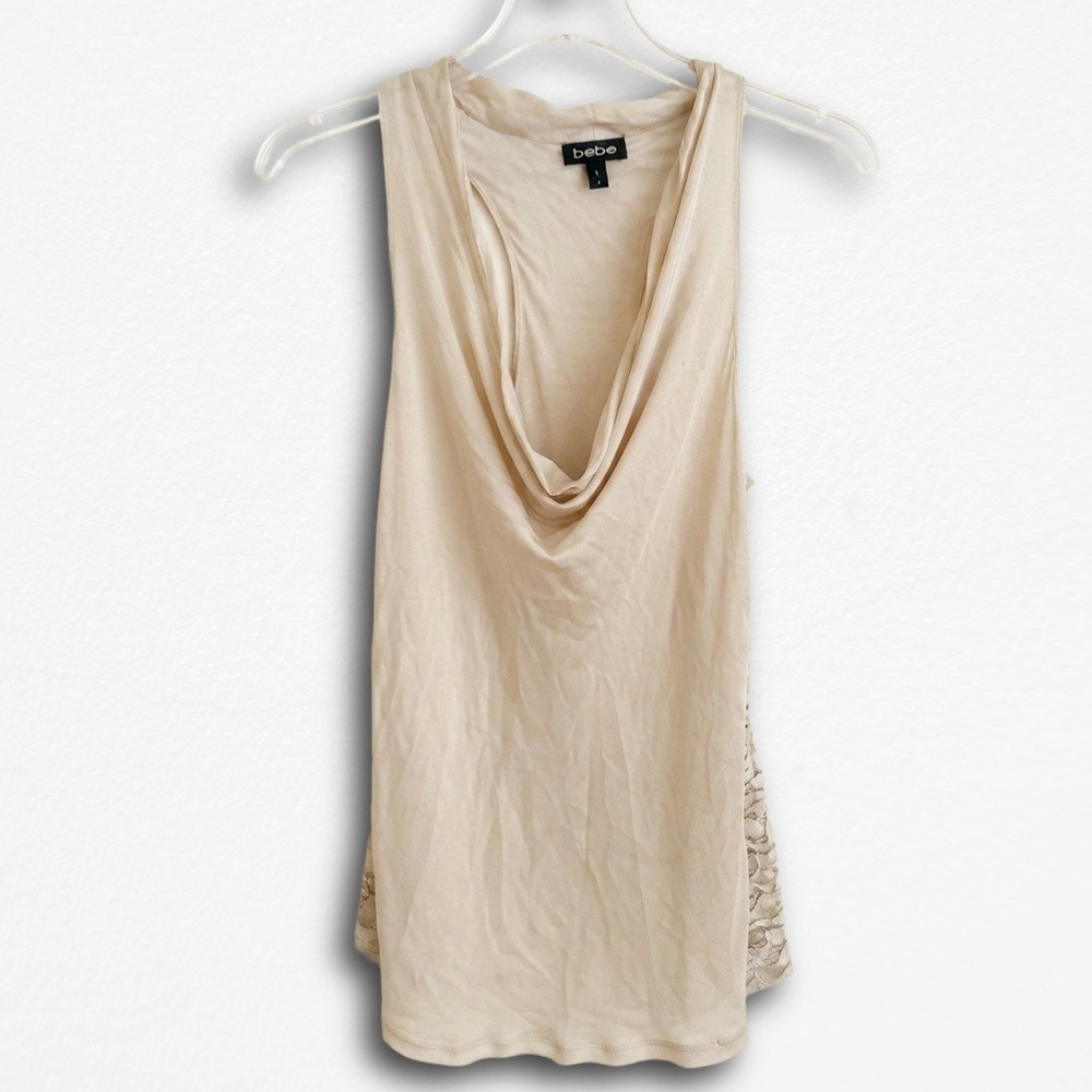 Bebe Womens Cowl Neck‎ Lace Racerback Sleeveless Top Beige Small
